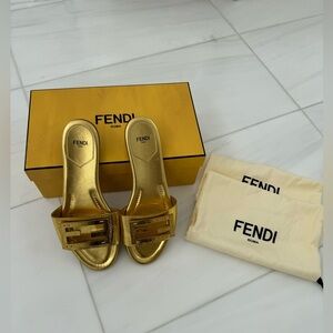 Fendi- Gold Metallic Leather Logo Worn 1x, Great condition